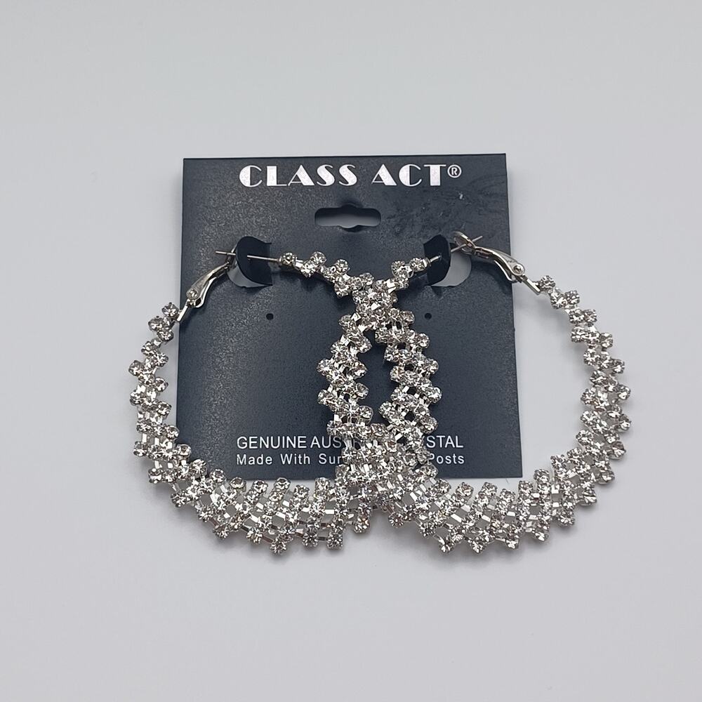 Class Act Silver Austrian Crystal Oblique Hoop Earrings